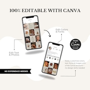 May include: Two smartphones displaying social media layouts, with the text "100% EDITABLE WITH CANVA." The image highlights the ability to edit text, photos, colors, and fonts. The text "NO EXPERIENCE NEEDED" is also visible.