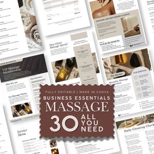 Può includere: Una raccolta di modelli modificabili per attività di massaggi con menu di servizi, moduli di adesione e volantini promozionali. Il badge centrale smerlato marrone scuro mostra il testo bianco: FULLY EDITABLE | MADE IN CANVA BUSINESS ESSENTIALS MASSAGE 30 ALL YOU NEED.