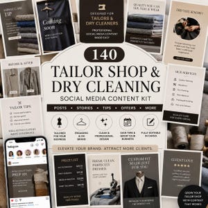 Può includere: Un kit di contenuti per social media per sarti e lavanderie a secco, con 140 modelli. Il design include immagini di tessuti, abbigliamento e servizi di sartoria. Il kit è progettato per aiutare le aziende a elevare il proprio marchio e attirare più clienti.