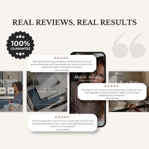 May include: Image featuring the text "REAL REVIEWS, REAL RESULTS" and a "100% GUARANTEE" badge. It includes screenshots of a phone with testimonials and a "Mobile Notary" app. The image showcases positive feedback and a call to action.