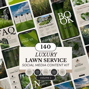 Könnte beinhalten: Eine Sammlung von Social-Media-Vorlagen für einen luxuriösen Rasenservice. Das Design zeigt Bilder von gepflegten Rasenflächen, Smartphones mit Rasenpflegetipps und den Text "140 Luxury Lawn Service Social Media Content Kit".