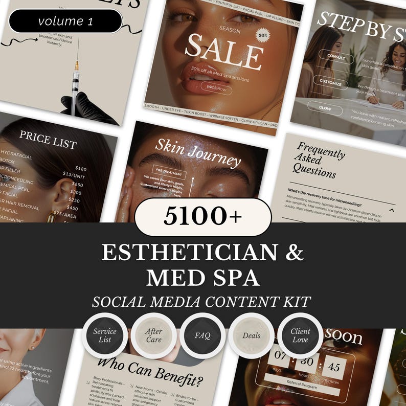 Puede incluir: Un kit de contenido para redes sociales para una esteticista y un spa m&eacute;dico, con materiales promocionales. El dise&ntilde;o incluye listas de precios, anuncios de rebajas y gr&aacute;ficos informativos. El kit est&aacute; dise&ntilde;ado para mejorar la presencia en redes sociales.