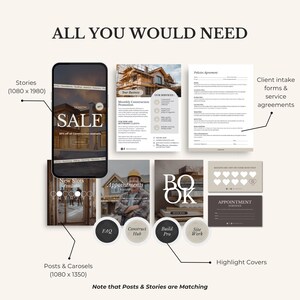 May include: A promotional graphic with the text "ALL YOU WOULD NEED" features a smartphone displaying a "SALE" ad, along with marketing materials like brochures, appointment cards, and highlight covers. The image includes the text "Stories", "Posts & Carosels", and "Highlight Covers".