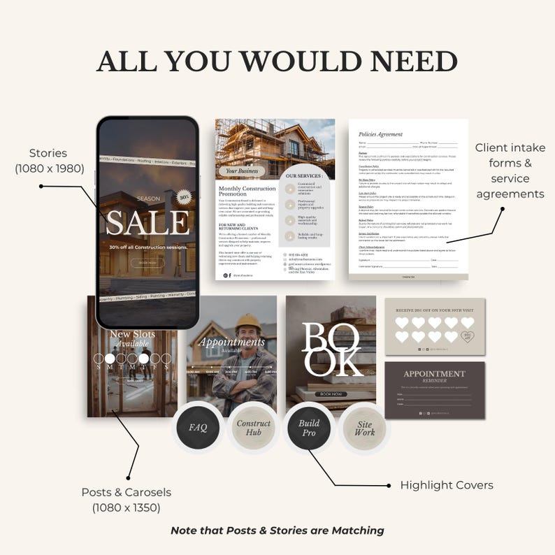 May include: A promotional graphic with the text "ALL YOU WOULD NEED" features a smartphone displaying a "SALE" ad, along with marketing materials like brochures, appointment cards, and highlight covers. The image includes the text "Stories", "Posts & Carosels", and "Highlight Covers".