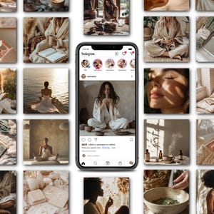 May include: A smartphone screen shows an Instagram post with a woman in white, surrounded by images of wellness and self-care. The images have a warm, neutral colour palette, with soft lighting and natural elements.