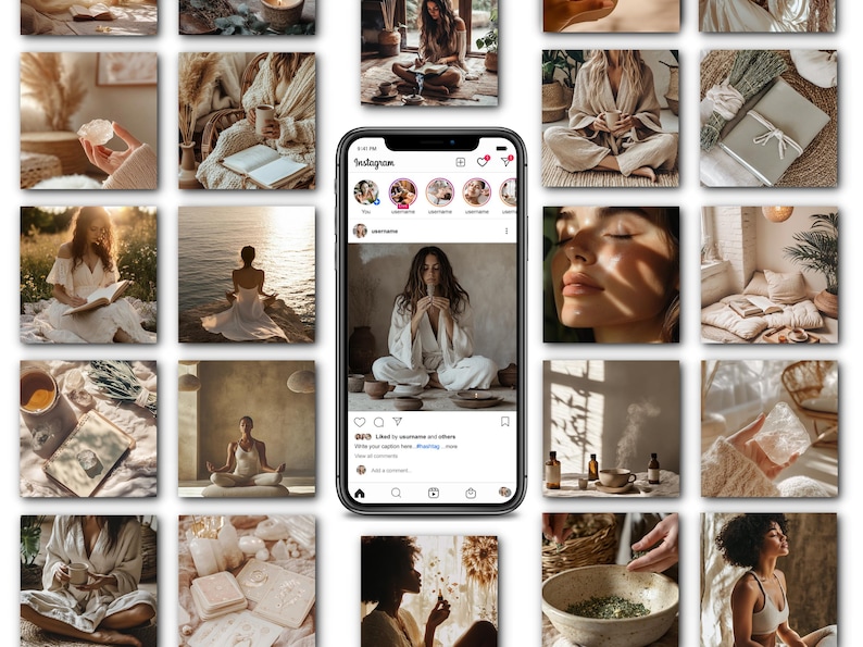 May include: A smartphone screen shows an Instagram post with a woman in white, surrounded by images of wellness and self-care. The images have a warm, neutral colour palette, with soft lighting and natural elements.