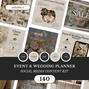 Op de afbeelding: Een social media content kit voor evenement- en weddingplanners. De kit bevat sjablonen met tekst zoals "Client love", "myth", "fact" en "Event & Wedding Planner Process". De afbeelding bevat ook de tekst "SALE" en "volume 1".