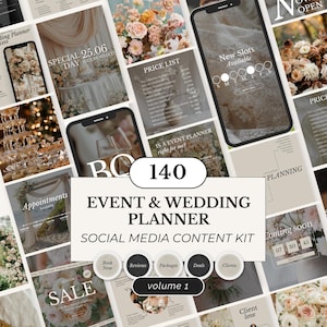 May include: A digital marketing kit for event and wedding planners. The image features a collection of social media content templates, including graphics with floral arrangements, price lists, and appointment booking information. The kit is labeled "volume 1".
