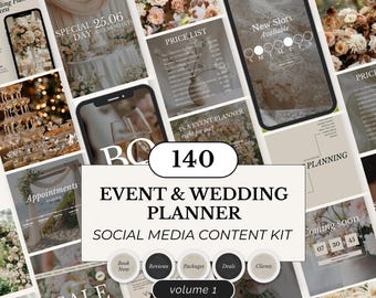 May include: A social media content kit for event and wedding planners. The image displays various templates, including graphics with floral designs, price lists, and booking information. The kit is labelled "volume 1". The text includes "Event & Wedding Planner".