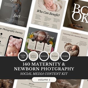 Può includere: Grafica promozionale per un kit di contenuti social media di fotografia di maternità e neonati. Il design presenta immagini di neonati, donne incinte e testo come "Giveaway Time" e "Capturing Life's Sweetest Moments."