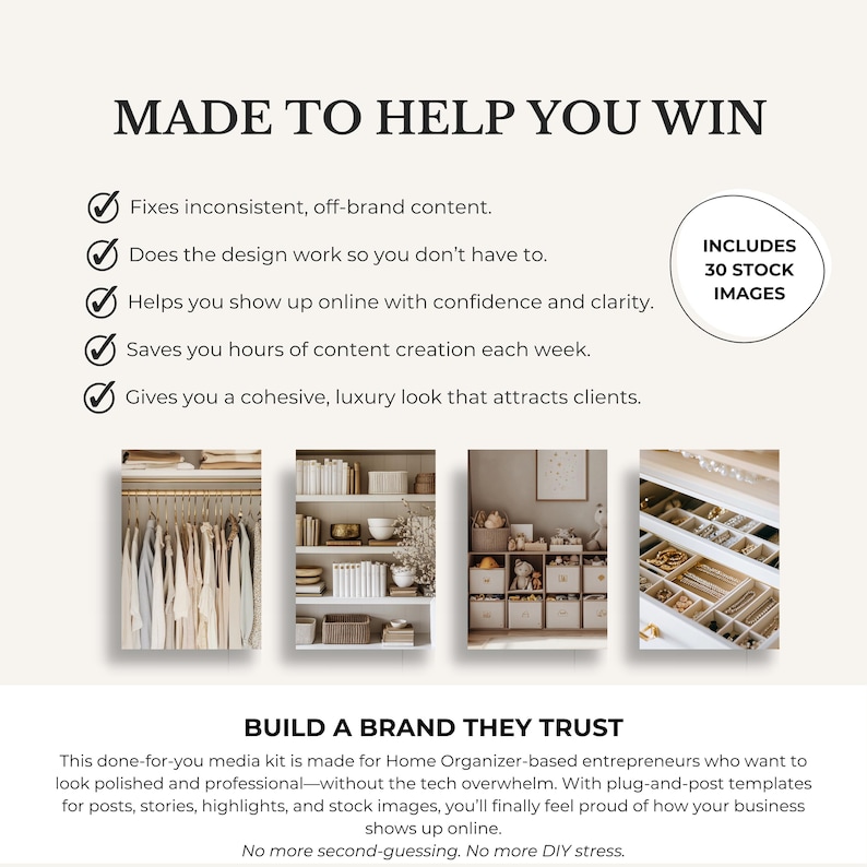 May include: An advertisement with the headline "MADE TO HELP YOU WIN" and bullet points describing the benefits. Includes a graphic with "INCLUDES 30 STOCK IMAGES". Below are four lifestyle images and the text "BUILD A BRAND THEY TRUST".