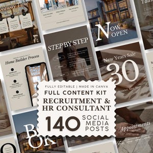 May include: A digital marketing content kit for recruitment and HR consultants featuring 140 social media post templates. The central white scalloped label displays the text FULLY EDITABLE | MADE IN CANVA FULL CONTENT KIT RECRUITMENT & HR CONSULTANT 140 SOCIAL MEDIA POSTS.