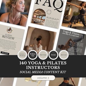 May include: A promotional image for a social media content kit for yoga and Pilates instructors. The image features a collage of photos, including women practicing yoga, and text that reads "140 Yoga & Pilates Instructors Social Media Content Kit, volume 1."