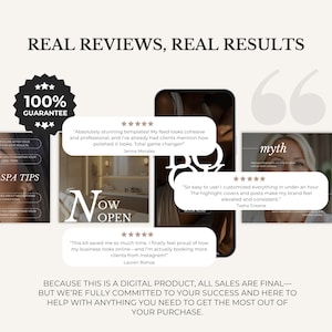Puede incluir: Imagen promocional con el texto "REAL REVIEWS, REAL RESULTS". Presenta un tel&eacute;fono que muestra un sitio web, testimonios de clientes y una insignia de "100% GARANT&Iacute;A". La imagen promociona un producto digital con el texto "NOW OPEN."