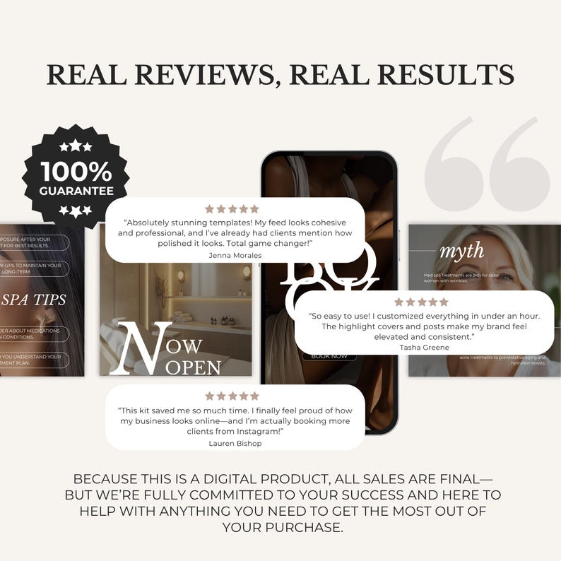 Puede incluir: Imagen promocional con el texto "REAL REVIEWS, REAL RESULTS". Presenta un tel&eacute;fono que muestra un sitio web, testimonios de clientes y una insignia de "100% GARANT&Iacute;A". La imagen promociona un producto digital con el texto "NOW OPEN."