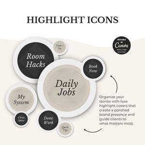 May include: A graphic with the text "HIGHLIGHT ICONS" and several circular icons. The icons include "Room Hacks," "Daily Jobs," "My System," and "Book Now." The graphic also includes the text "Organize your stories with luxe highlight covers."