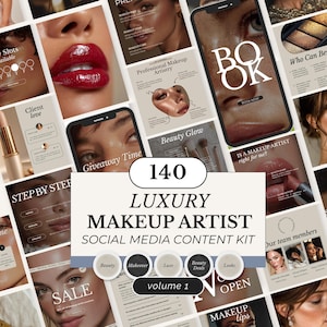 Op de afbeelding: Een promotieafbeelding voor een social media content kit voor visagisten. De afbeelding toont verschillende mockups van telefoonschermen en marketingmateriaal. De centrale tekst luidt "140 LUXURY MAKEUP ARTIST SOCIAL MEDIA CONTENT KIT".