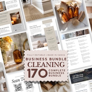 May include: A digital business bundle template for cleaning services featuring editable flyers, checklists, and marketing materials. The design includes text such as Fully Editable, Made in Canva, Business Bundle, Cleaning, and 170 Complete Business Bundle.