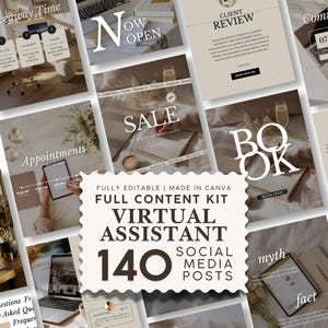 May include: A digital content kit for virtual assistants featuring 140 editable social media post templates. The central white scalloped label displays the text FULL CONTENT KIT VIRTUAL ASSISTANT 140 SOCIAL MEDIA POSTS in dark brown font.