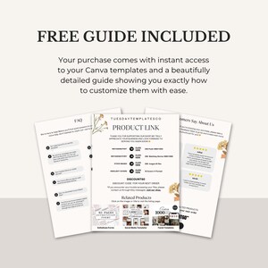May include: A promotional image with the text "FREE GUIDE INCLUDED" and details about Canva templates. The image shows three pages with text and graphics, including a product link and customer testimonials. The pages are white with black text.