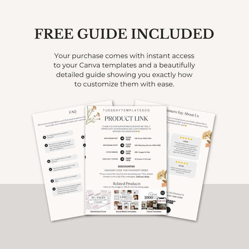 May include: A promotional image with the text "FREE GUIDE INCLUDED" and details about Canva templates. The image shows three pages with text and graphics, including a product link and customer testimonials. The pages are white with black text.