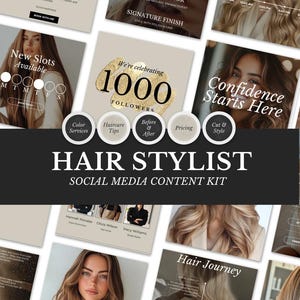 Könnte beinhalten: Social-Media-Content-Kit für einen Friseur, mit Vorlagen für Kundenbewertungen, Beratungen und Terminvereinbarungen. Enthält Grafiken mit Text wie "Confidence Starts Here" und "1000 Followers".