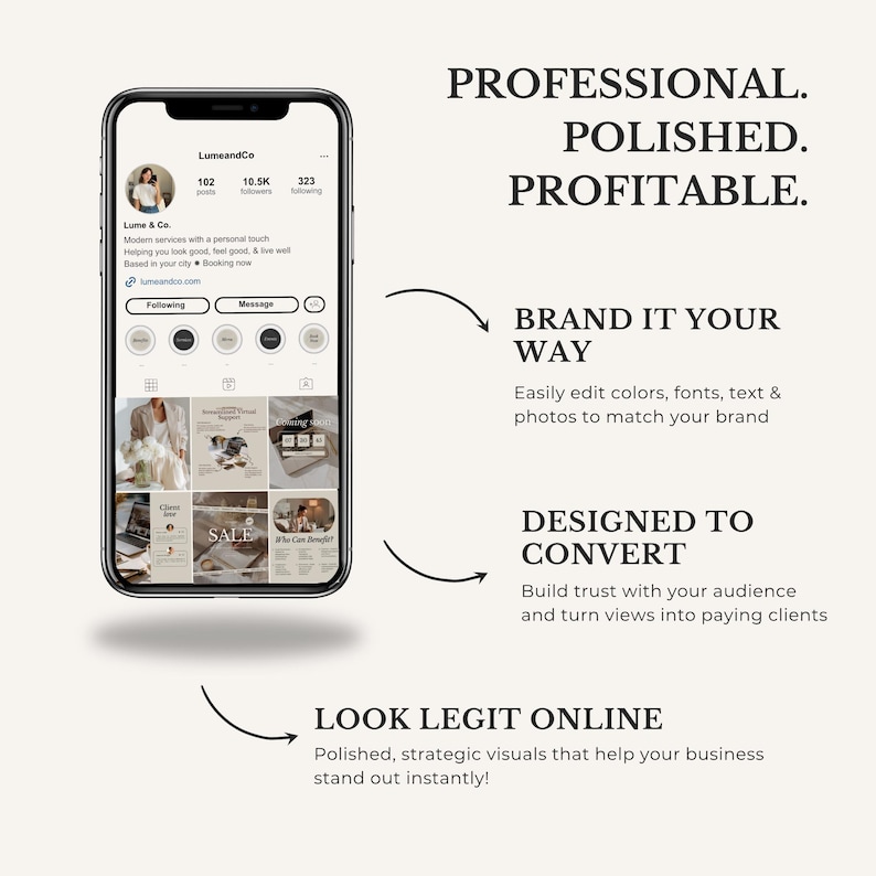 Pode incluir: Um smartphone exibindo um perfil do Instagram para Lume and Co. com uma grade de postagens. O texto &agrave; direita diz: PROFESSIONAL. POLISHED. PROFITABLE. BRAND IT YOUR WAY. DESIGNED TO CONVERT. LOOK LEGIT ONLINE com setas apontando para o telefone.