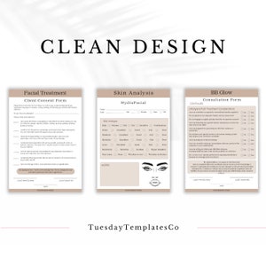 May include: Three printable forms for a beauty salon or spa. The forms are titled "Facial Treatment Client Consent Form", "Skin Analysis HydraFacial", and "BB Glow Consultation Form".
