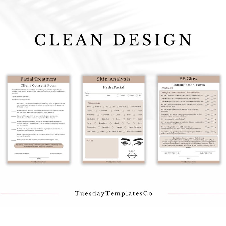 May include: Three printable forms for a beauty salon or spa. The forms are titled "Facial Treatment Client Consent Form", "Skin Analysis HydraFacial", and "BB Glow Consultation Form".