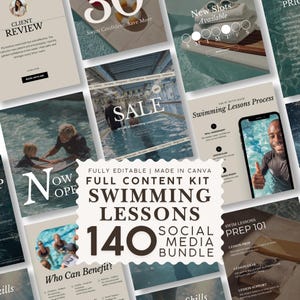 May include: A digital marketing content kit for swimming lessons featuring 140 social media templates. The collection includes various layouts with text overlays, swimming pool imagery, and instructional graphics designed for editing in Canva.