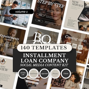 Peut inclure: Un kit de contenu pour les réseaux sociaux pour une société de prêts à tempérament, comprenant 140 modèles. La conception comprend diverses mises en page avec du texte tel que "Step by Step", "Appointments" et "Coming Soon". La palette de couleurs est neutre.