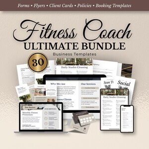 May include: A digital bundle titled "Fitness Coach ULTIMATE BUNDLE" with business templates. The image shows a laptop, desktop, tablet, and smartphone displaying various documents. A gold-colored badge displays the number "30".