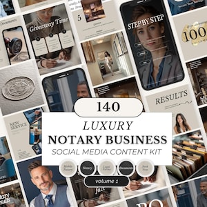 May include: A collection of social media content templates for a notary business. The design features a neutral color palette with images of smartphones, a notary seal, and text that reads "140 Luxury Notary Business Social Media Content Kit."