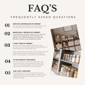 May include: An image with the text "FAQ'S" and "FREQUENTLY ASKED QUESTIONS". The image also includes a list of questions and answers about digital product downloads, including how to download, when to receive, and refund policies.