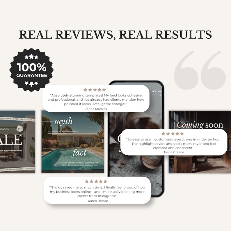 May include: An advertisement with the text "REAL REVIEWS, REAL RESULTS" and a "100% GUARANTEE" badge. The image includes a phone displaying social media posts and customer testimonials. The phrase "Coming soon" is also visible.