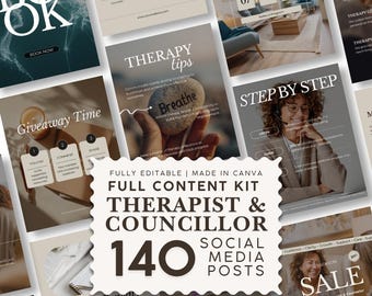 Puede incluir: Un kit de contenido digital para terapeutas y consejeros que incluye 140 plantillas editables para publicaciones en redes sociales. La colección presenta varios diseños con texto como BOOK, THERAPY TIPS, GIVEAWAY TIME, STEP BY STEP y SALE.
