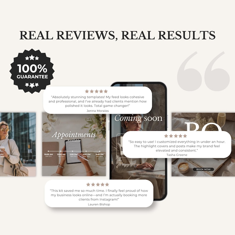 Pode incluir: Uma exibi&ccedil;&atilde;o de modelos de marketing digital com o texto REAL REVIEWS, REAL RESULTS e um selo 100% GUARANTEE. Tr&ecirc;s depoimentos de clientes com avalia&ccedil;&otilde;es de cinco estrelas est&atilde;o sobrepostos a imagens de um smartphone e layouts de redes sociais.