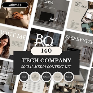 May include: A social media content kit for a tech company, featuring various layouts with text and graphics. The kit includes elements for IT services, software, cloud, and support. The image has a neutral color palette with text like "myth" and "fact".