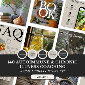 May include: A promotional image for a social media content kit. The image features a variety of elements, including a book, a glass pitcher of lemon water, and graphics with text such as "FAQ" and "Healing Journey". The kit is for autoimmune and chronic illness coaching.
