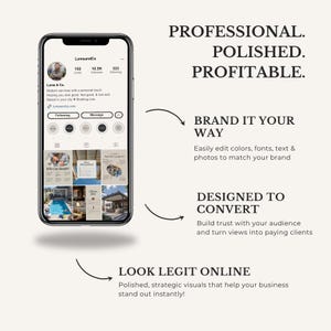 May include: A smartphone displays a social media profile with the text "Lume & Co." and the words "Professional. Polished. Profitable." The image highlights branding, design, and online presence for business.