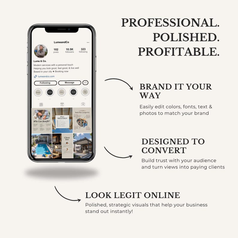 May include: A smartphone displays a social media profile with the text "Lume & Co." and the words "Professional. Polished. Profitable." The image highlights branding, design, and online presence for business.