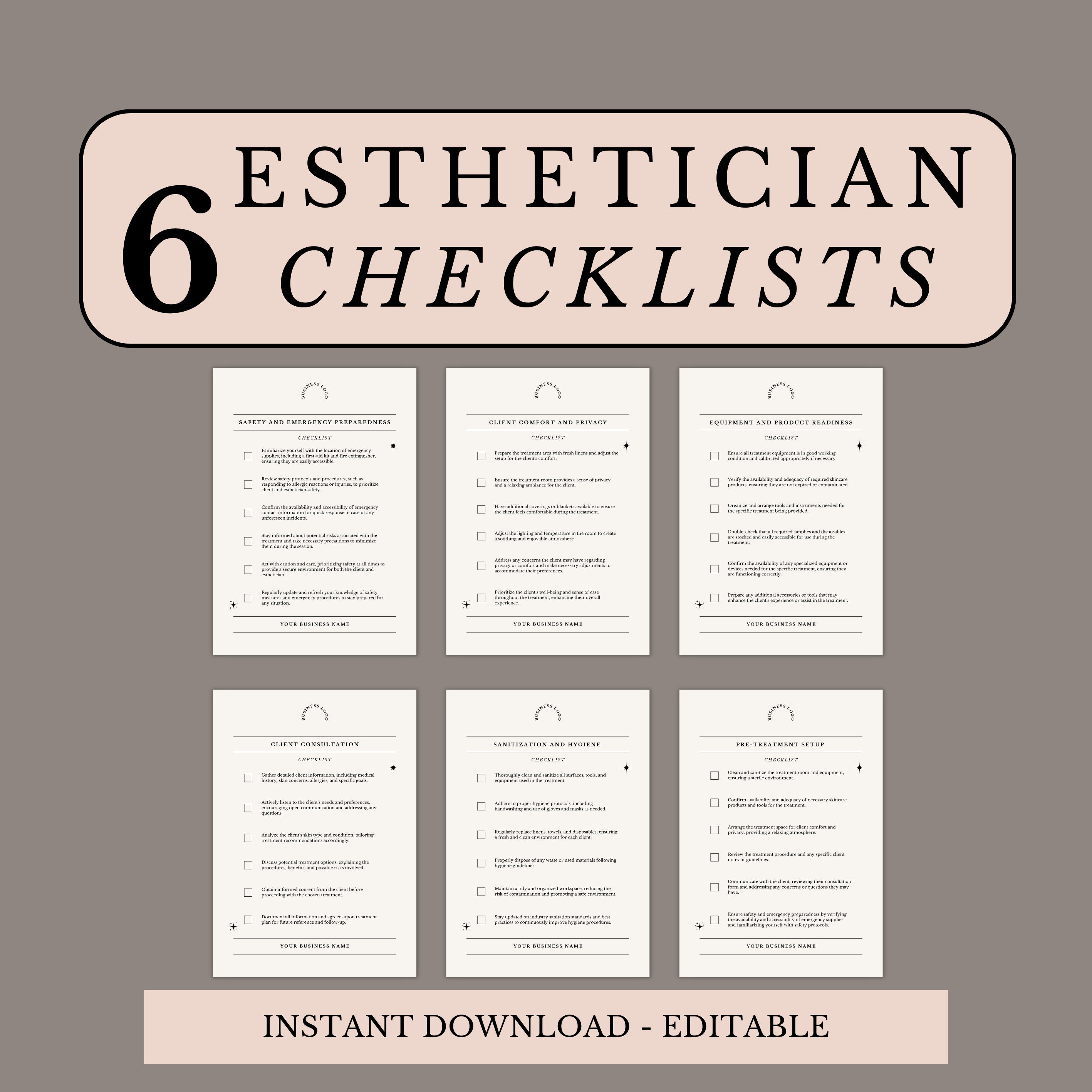 Esthetician Checklist, Printable Forms, Treatment Setup, Sanitation