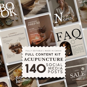 Könnte beinhalten: Ein digitales Content-Kit für Akupunktur-Social-Media-Beiträge mit 140 bearbeitbaren Vorlagen. Das Design umfasst verschiedene Layouts mit Texten wie BOOK, NOW OPEN, ACUPUNCTURE PREP 101, FAQ und SALE in einer neutralen Farbpalette.