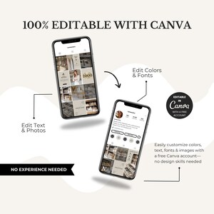 May include: Two smartphones displaying social media layouts, with the text "100% EDITABLE WITH CANVA." Arrows point to features like editing text, photos, colors, and fonts. The text "NO EXPERIENCE NEEDED" and "EDITABLE in Canva" are also visible.