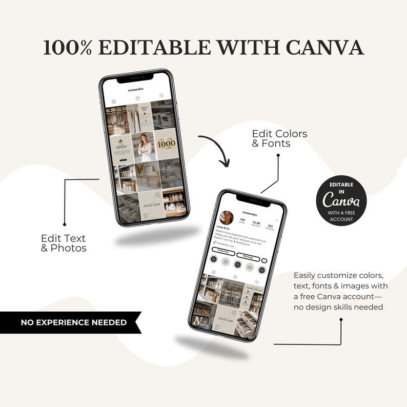 May include: Two smartphones displaying social media layouts, with the text "100% EDITABLE WITH CANVA." Arrows point to features like editing text, photos, colors, and fonts. The text "NO EXPERIENCE NEEDED" and "EDITABLE in Canva" are also visible.