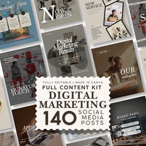 Op de afbeelding: Een social media content kit voor digitale marketing met 140 volledig bewerkbare sjablonen gemaakt in Canva. De collectie bevat diverse lay-outs met tekstoverlays zoals Digital Marketing Results, Our Mission en Signature Touch.