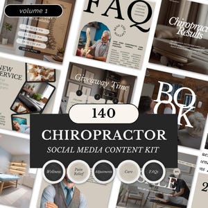 Op de afbeelding: Een social media content kit voor chiropractors, met diverse sjablonen. Het ontwerp bevat de tekst "Chiropractor Social Media Content Kit" en "Volume 1". De kit bevat sjablonen voor veelgestelde vragen, boekingen en promotionele content.