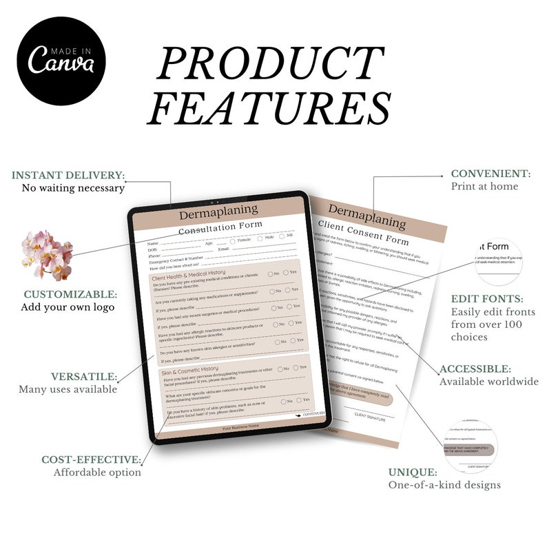 May include: A digital product mockup showing two printable forms for dermaplaning services. The forms are titled "Dermaplaning Consultation Form" and "Dermaplaning Client Consent Form". The forms are on a tablet and a white background. The image also includes text highlighting the features of the product, such as instant delivery, customizable, versatile, cost-effective, convenient, edit fonts, accessible, and unique.