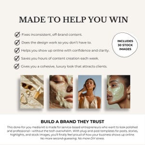 May include: A digital media kit template featuring the text MADE TO HELP YOU WIN and BUILD A BRAND THEY TRUST. It includes a list of five benefits, a circle graphic stating INCLUDES 30 STOCK IMAGES, and four sample photos of skincare and lifestyle.