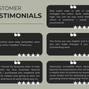 May include: A graphic displaying customer testimonials. The title "CUSTOMER TESTIMONIALS" is at the top. The testimonials are in black speech bubbles with white text and star ratings. The text includes positive feedback about ease of use and helpfulness.